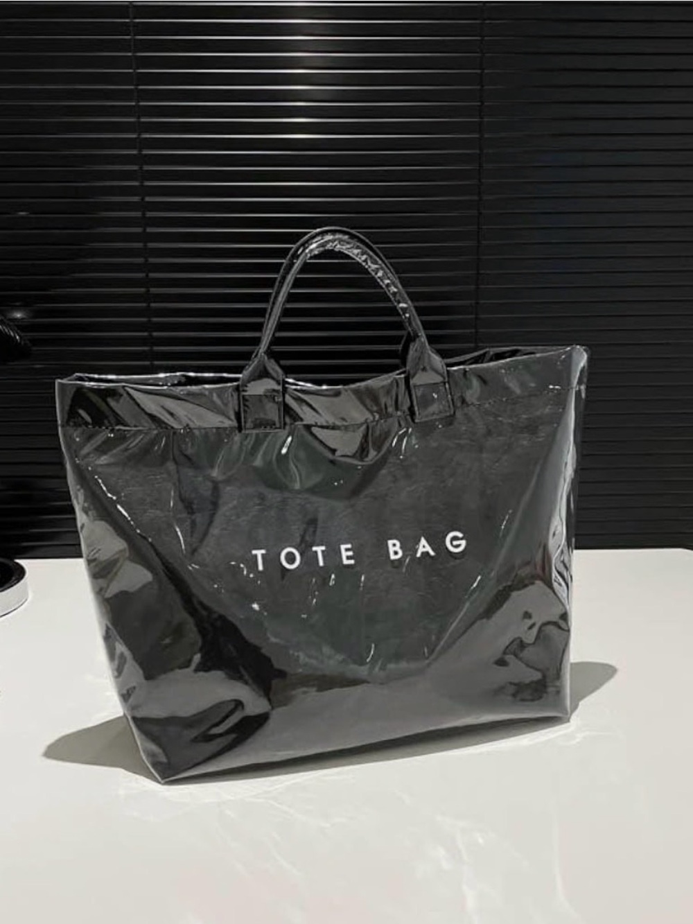 New Black Glossy PVC Tote Bag White Lettering Large Travel Shopper